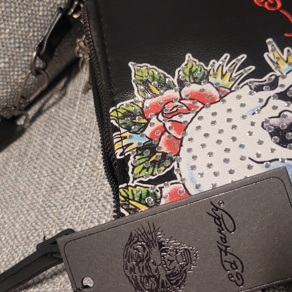 Ed Hardy Black Shoulder Bag with Skull and Floral Design - Picture 9 of 11